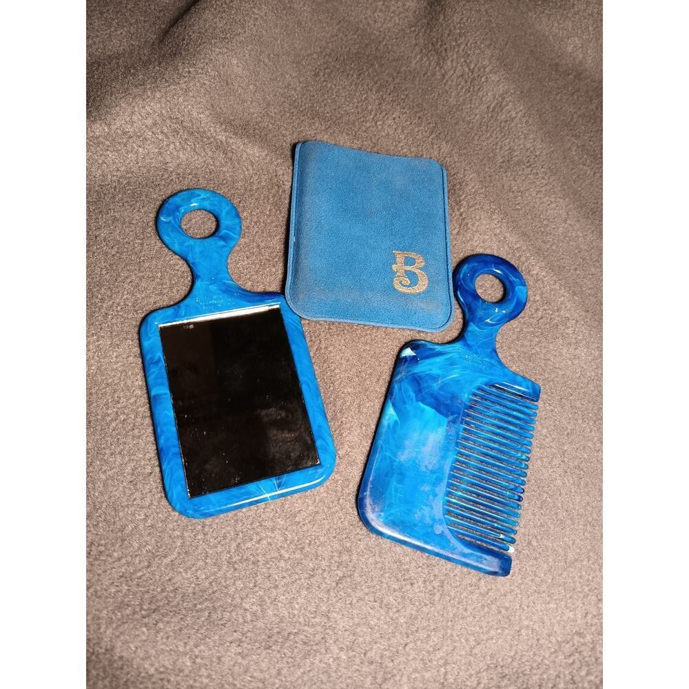 Vintage Blue Swirl Centro Comb & Mirror Set with Cover USA Made Vanity Accessory